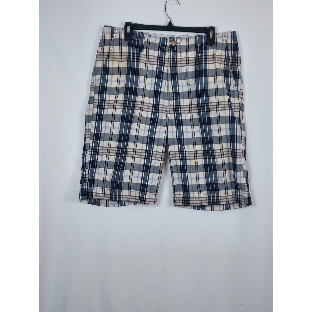Nautica Mens 33 Shorts Blue Plaid Cotton Flat Front